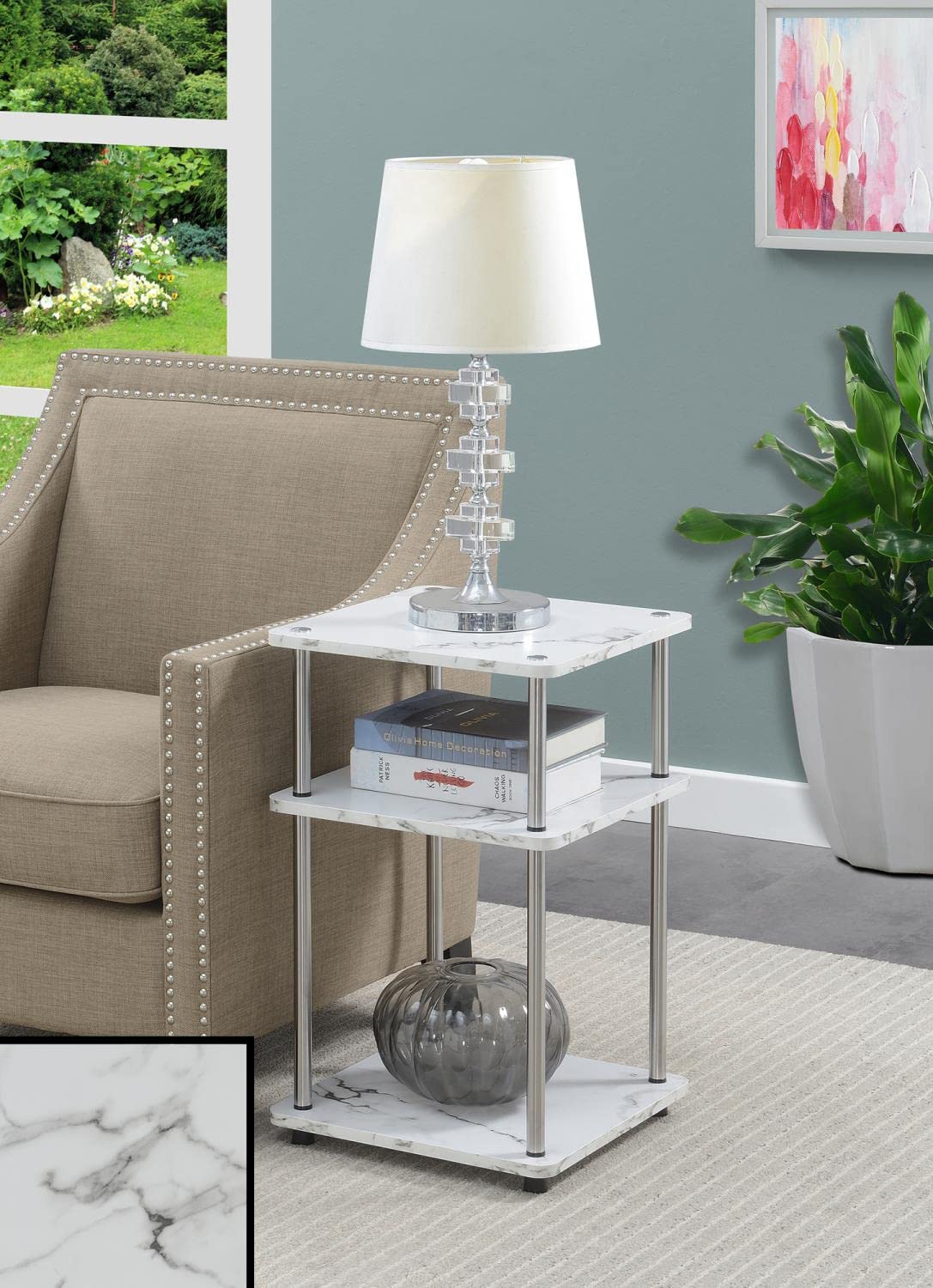 Designs2Go No Tools 3-Tier End Table, Faux White Marble/Chrome