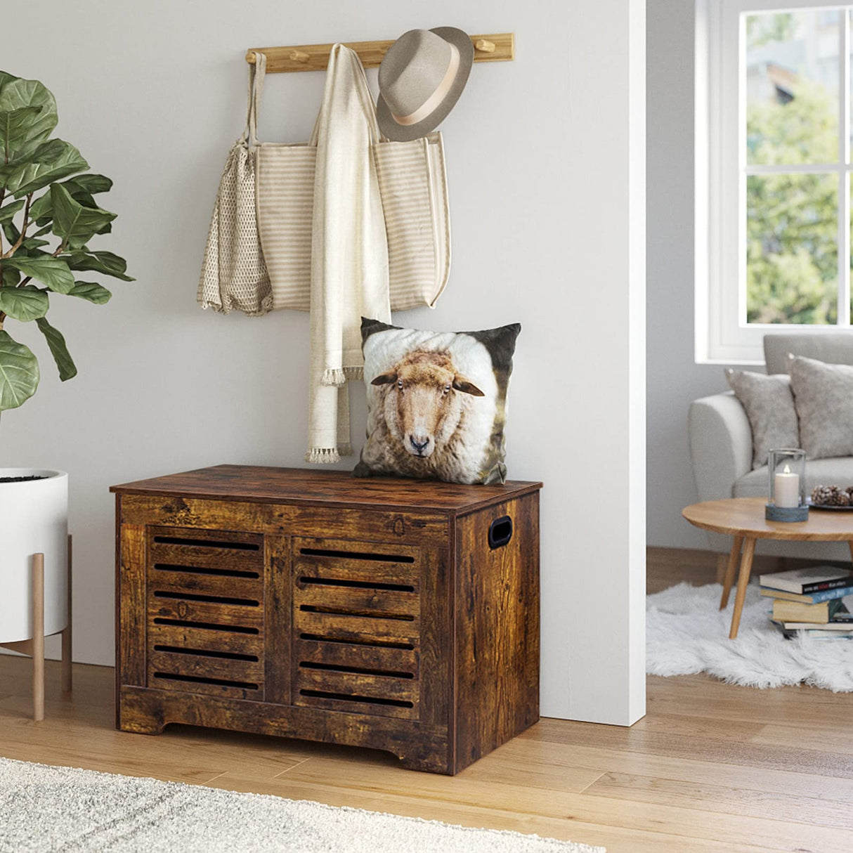 Storage Chest, Flip-Top Wooden Toy Box with 2 Safety Hinges, Retro Entryway Shoe Bench