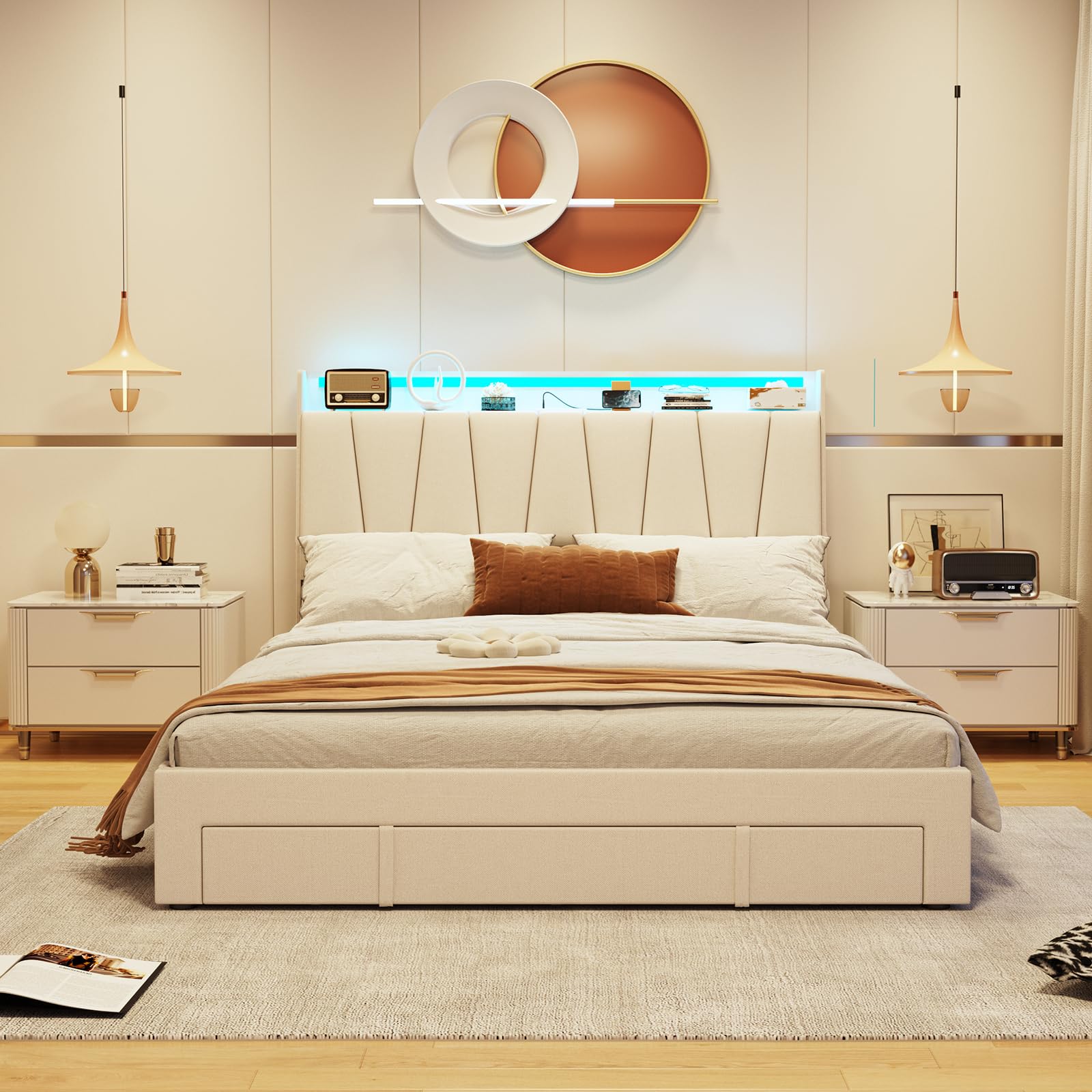 Full Size Platform Bed with Storage Headboard & LED Lights