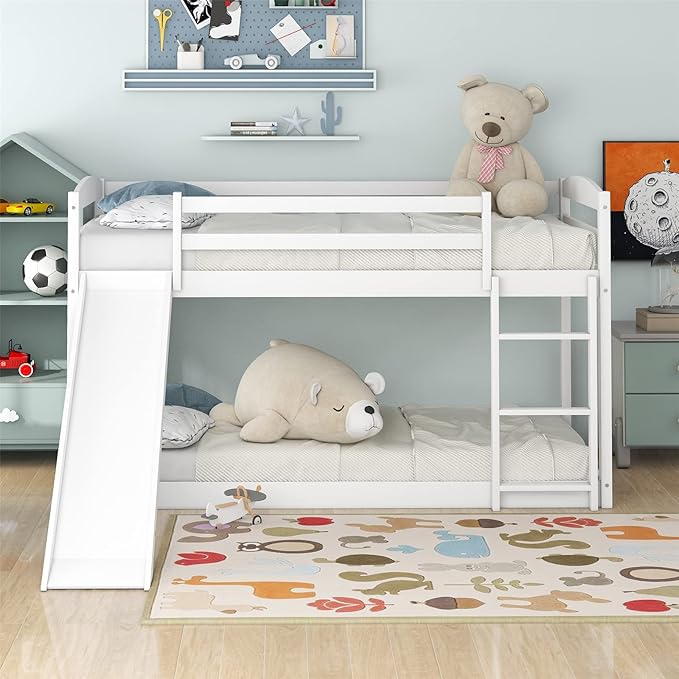 Twin Over Twin Floor Bunk Bed with Convertible Slide and Ladder, Wood Low Bunk Bed Frame for Boys Girls