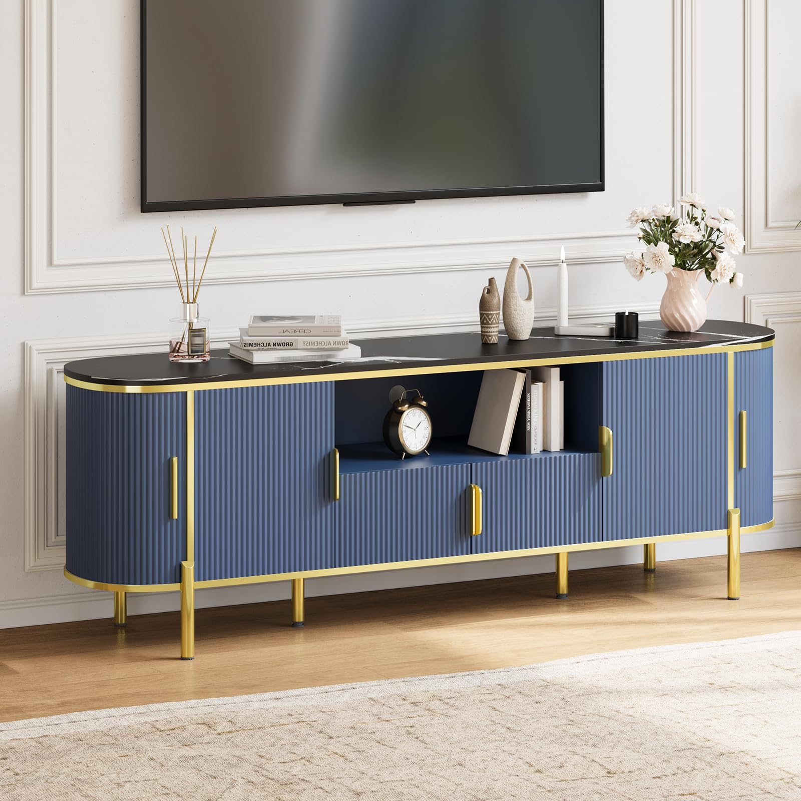70-Inch Fluted TV Stand with Faux Marble Top - Navy Blue