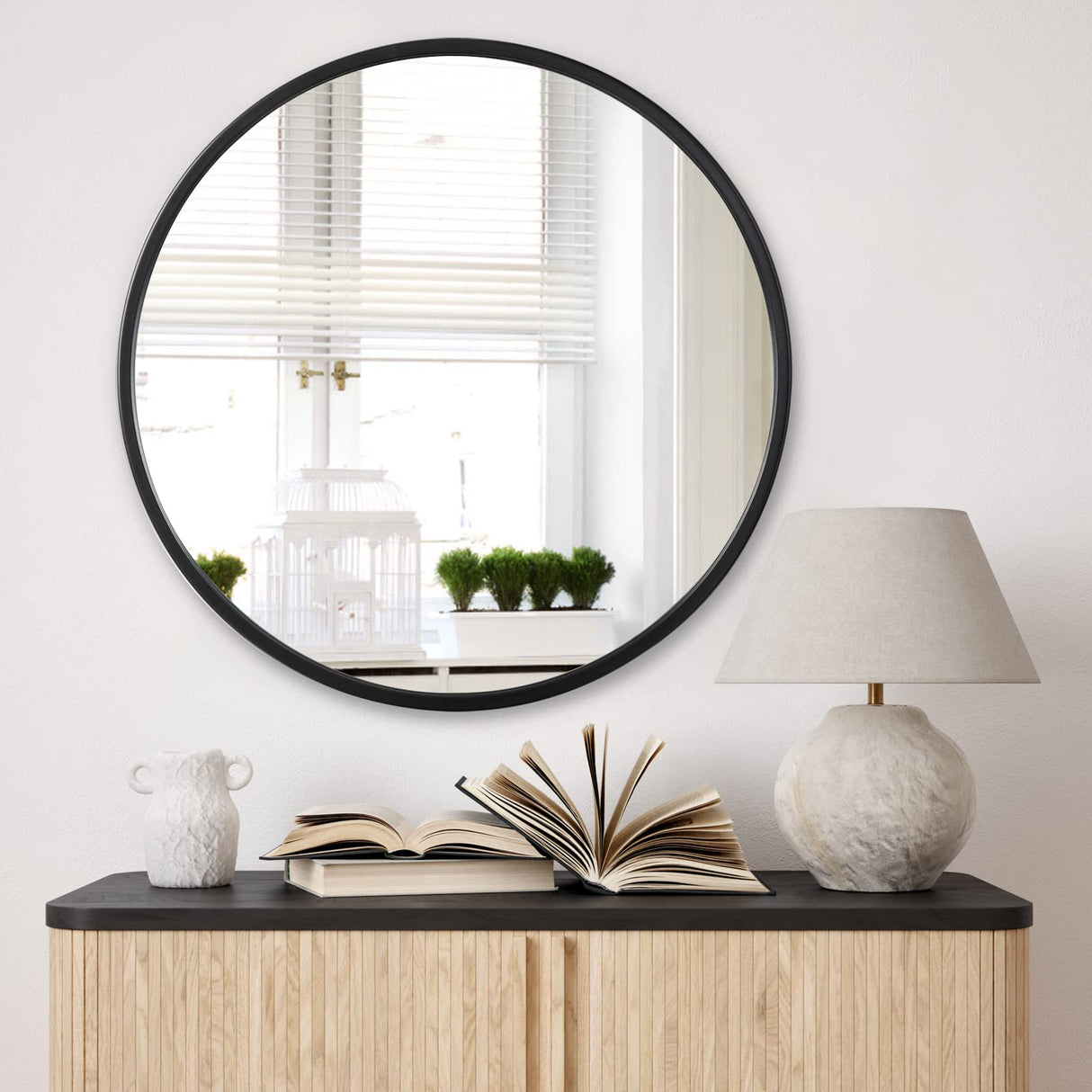 Black Round Wall Mirror, 24 Inch Rustic Matte Mirror for Bathroom, Entry, Dining Room,