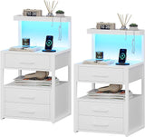 with Charging Station and LED Lights, LED Night Stand with 2 USB Ports and 2 AC Outlets, Modern End Table with 3 Drawers, Bedside Table with Open Storage for Bedroom, White