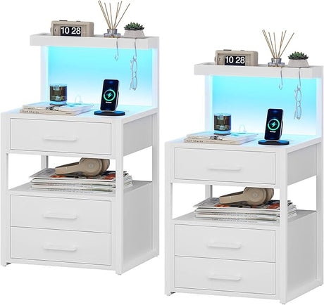 with Charging Station and LED Lights, LED Night Stand with 2 USB Ports and 2 AC Outlets, Modern End Table with 3 Drawers, Bedside Table with Open Storage for Bedroom, White