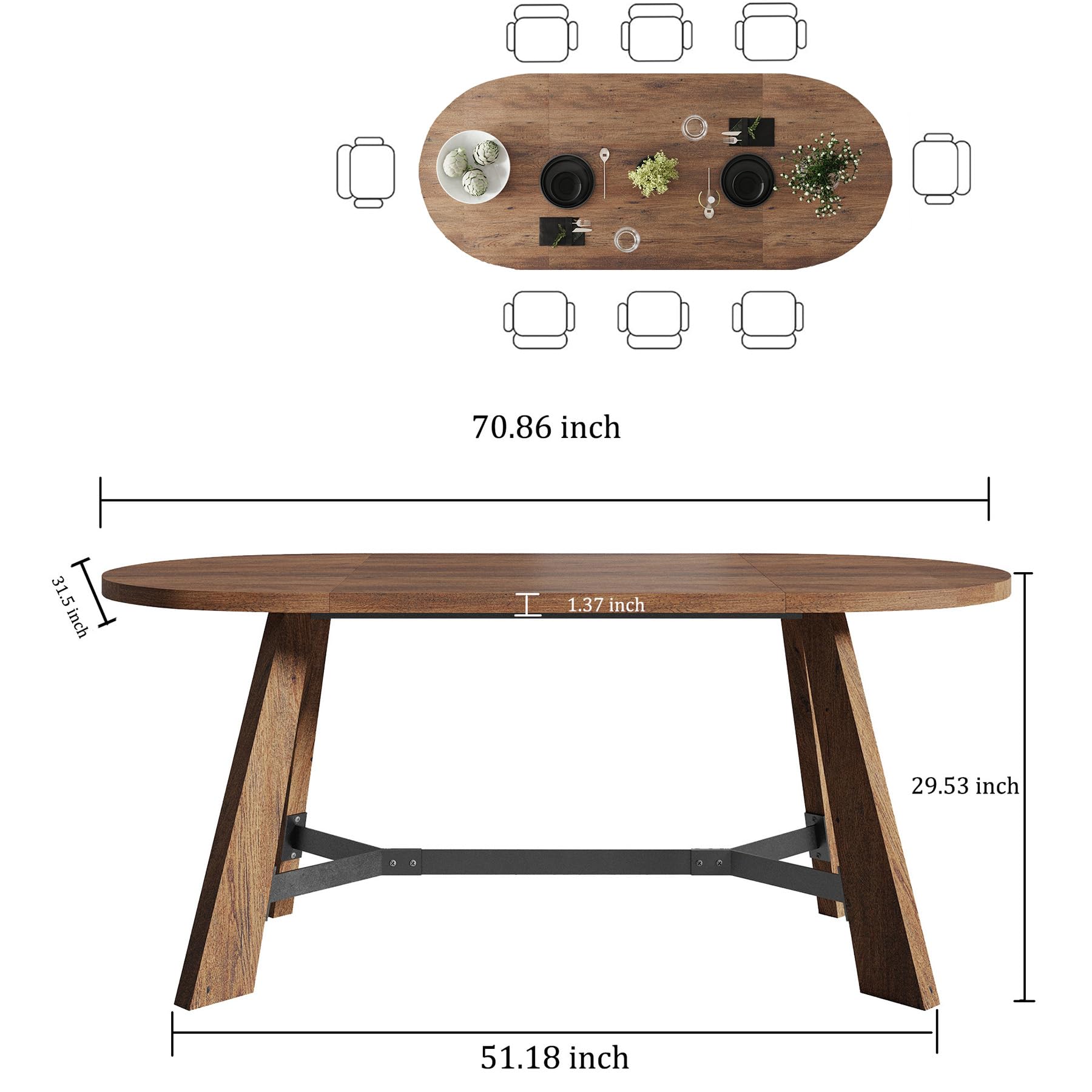 70.86" Oval Dining Table for 6-8 People with Tapered Legs