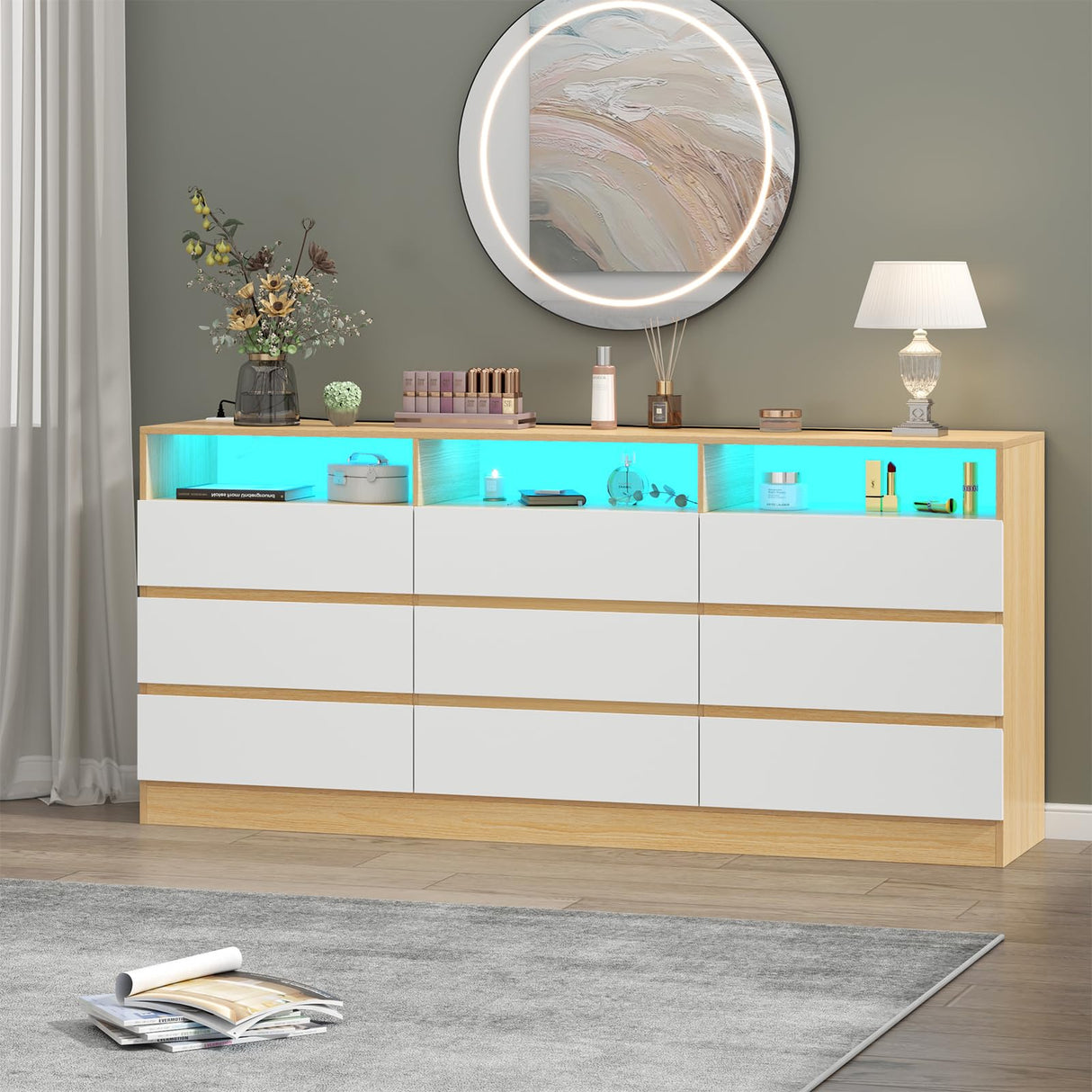 9 Drawer Dresser with Power Outlet and LED Light, Modern Storage Dresser