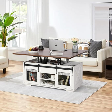 Lift Top Coffee Table, 3 in 1 Multi-Function Coffee Table with Storage & Sliding Barn Doors