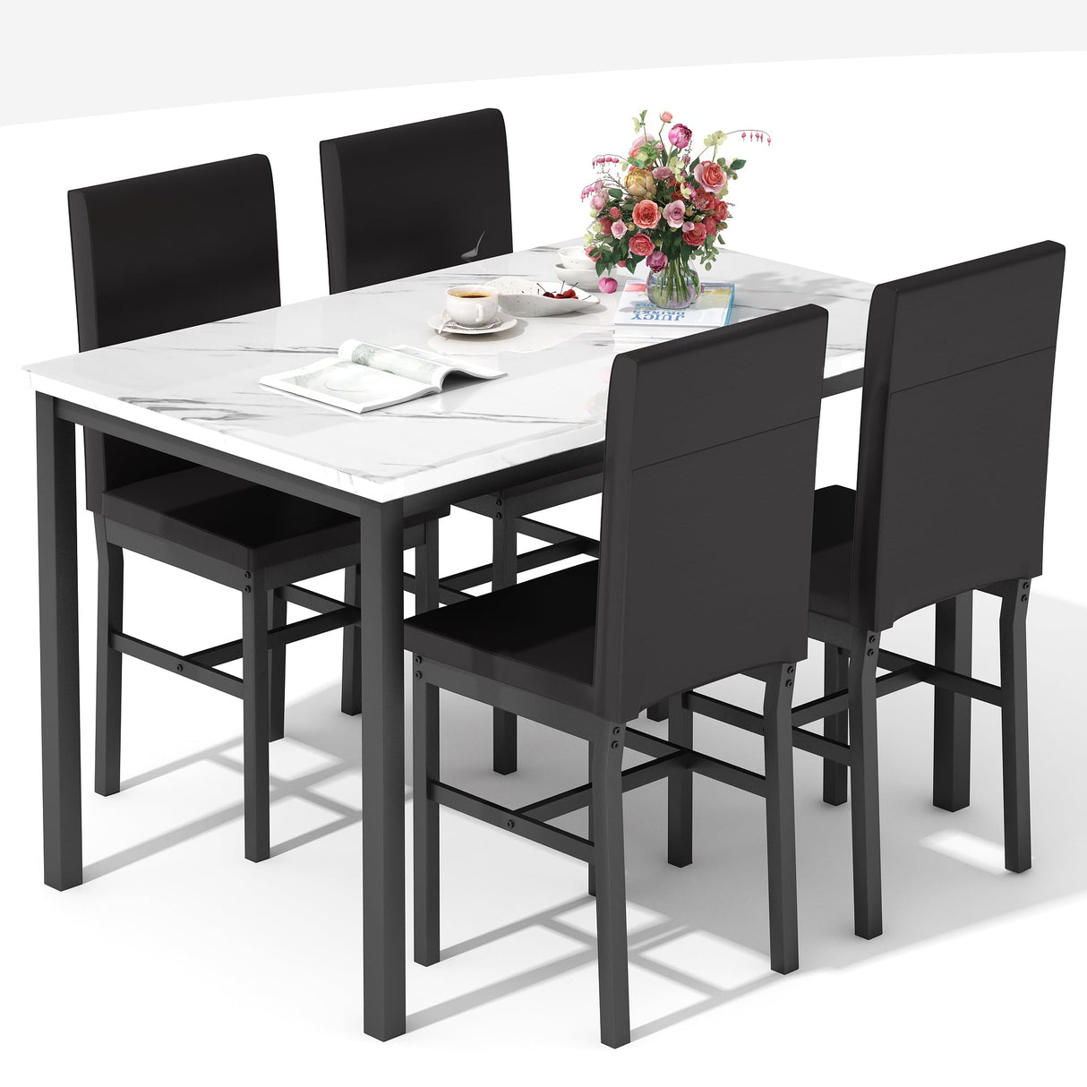 Dining Table Set for 4, Faux Marble Kitchen Table Chairs Set of 4 PU Leather Chairs