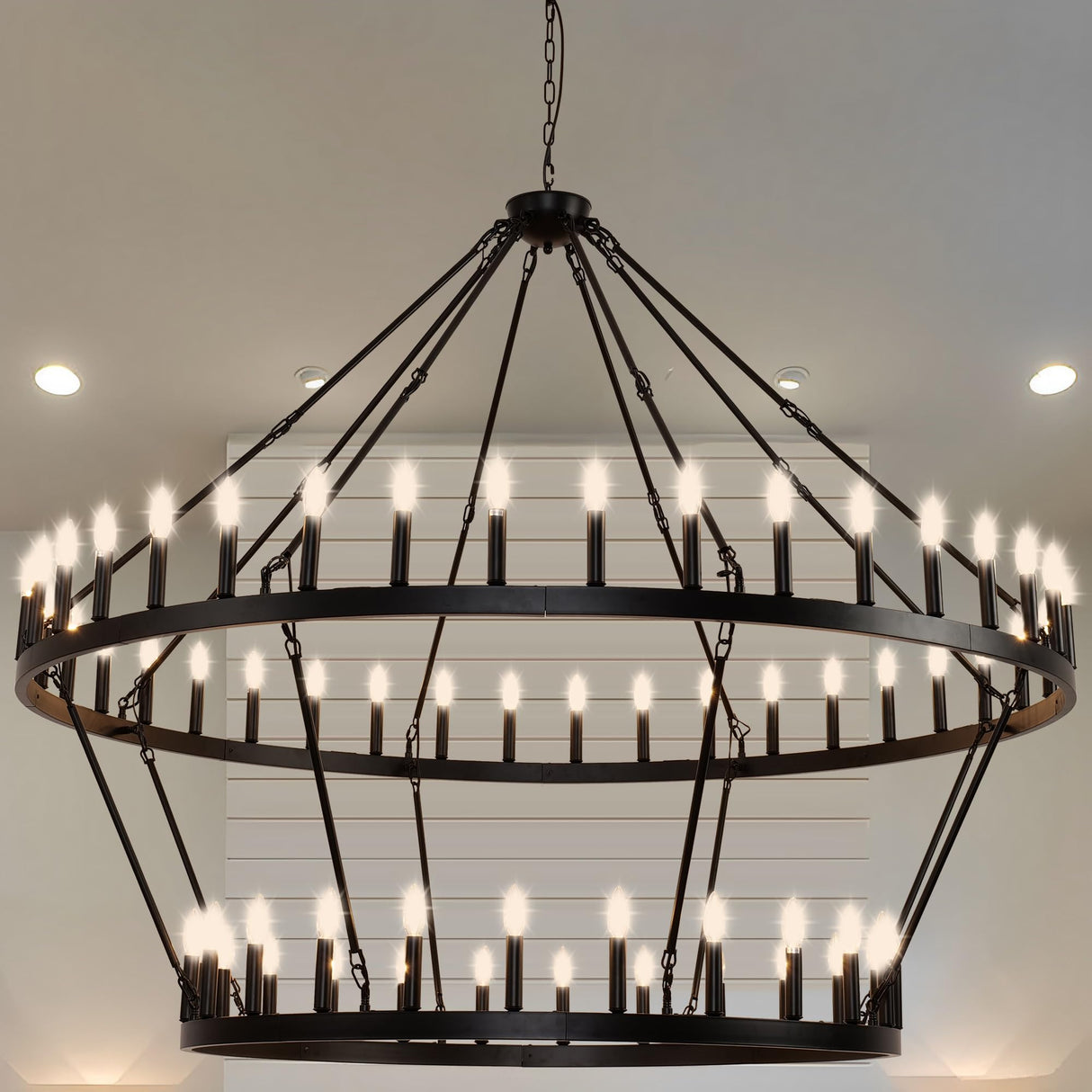 70 Inch Extra Large Wagon Wheel Chandelier 2 Tier 64-Lights Black Farmhouse Pendant