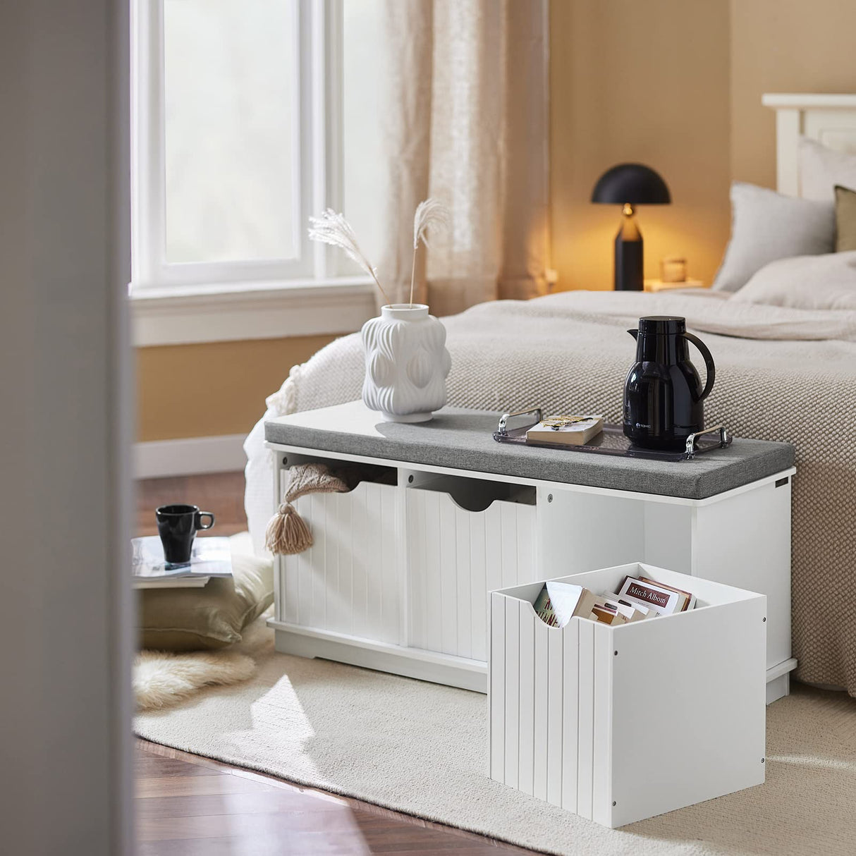 Storage Bench with Drawers & Padded Seat Cushion, Hallway Bench Shoe Cabinet Shoe