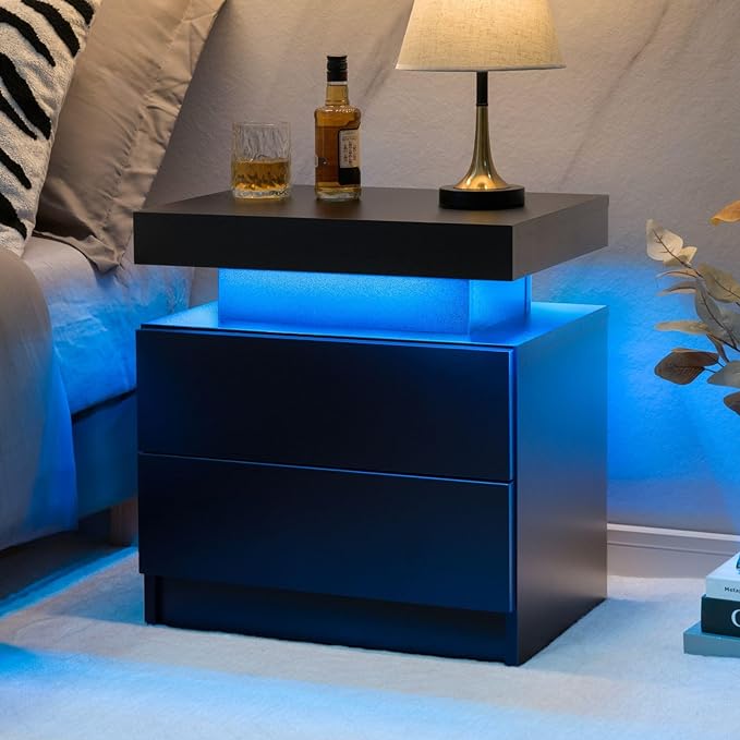 White Nightstand LED Bedside Table for Bedroom Modern Night Stand with 2 Wood Drawers