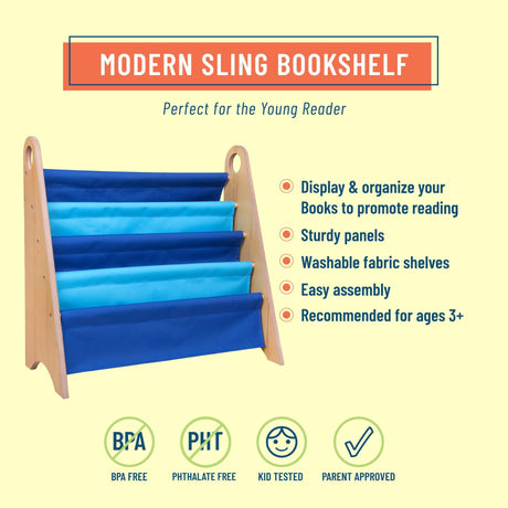 Wildkin Kids Modern Sling Bookshelf for Boys and Girls, Wooden Design Features Two Top Handles and Four Fabric Shelves, Helps Keep Bedrooms, Playrooms, & Classrooms Organized -Natural w/Multi-Blue