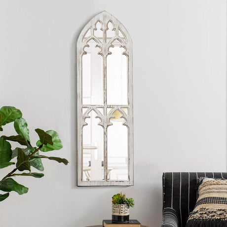 Farmhouse Wood Frame Arched Window Mirror 12 x 38 inches, Hanging Distressed White Rustic Cathedral Hallway Mirrors