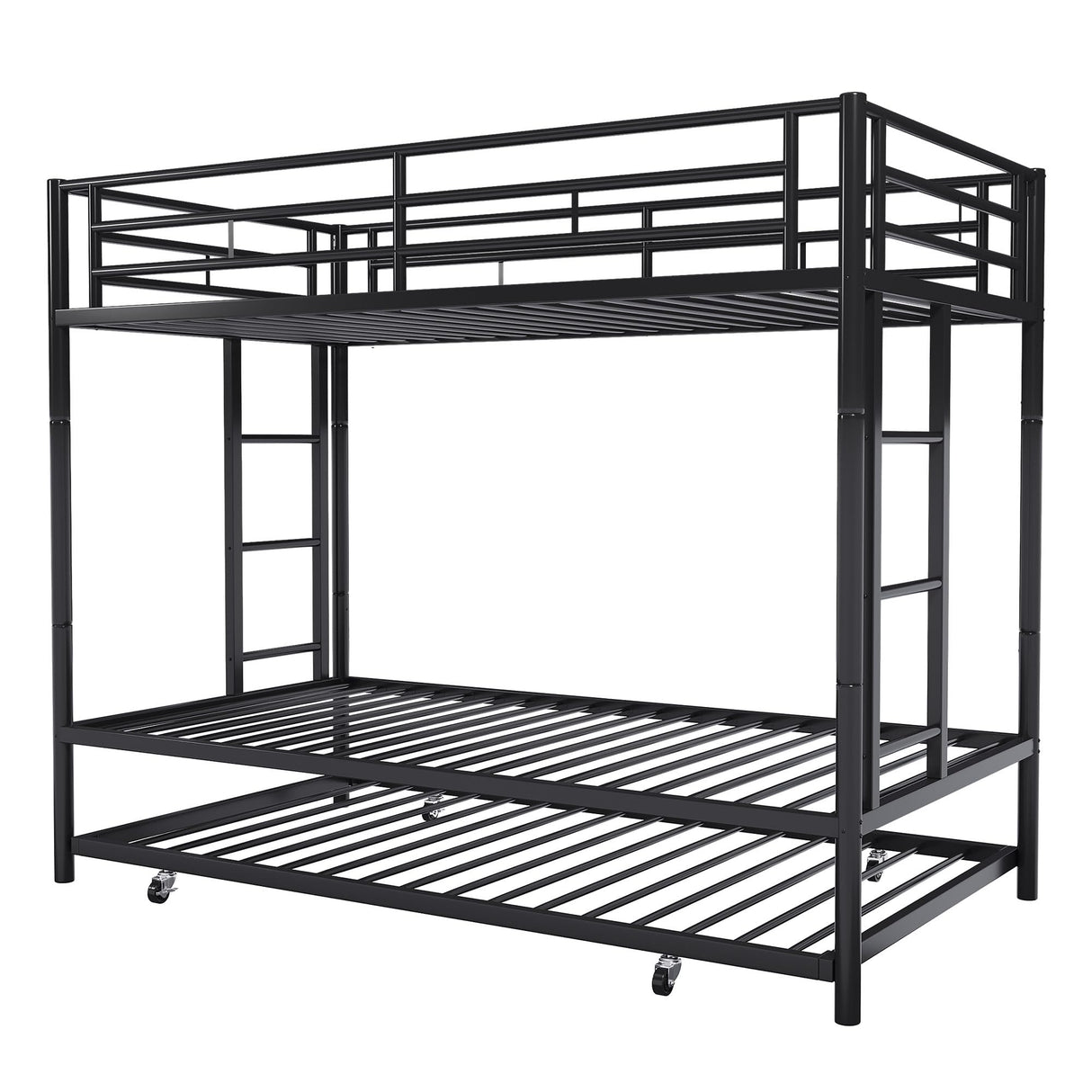 Metal Loft Bed with 2 Secured Ladders, Bunk Bed Twin Over Full with Trundle
