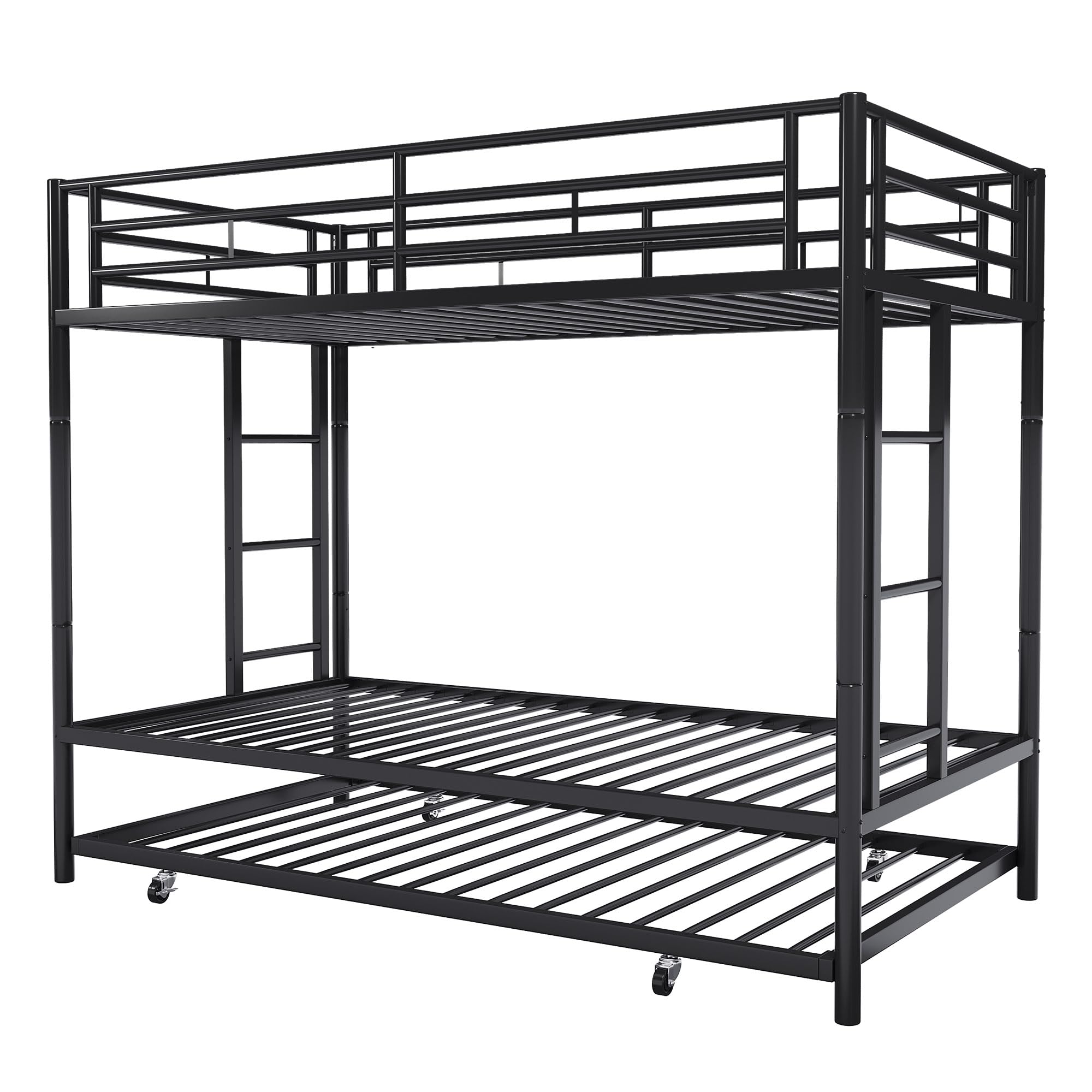 Metal Loft Bed with 2 Secured Ladders, Bunk Bed Twin Over Full with Trundle