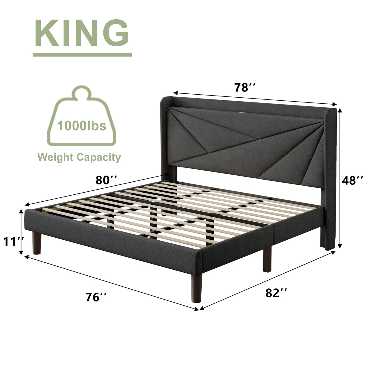 King Size Bed Frame, Modern Bed Frame with Charging Station, Wingback Storage