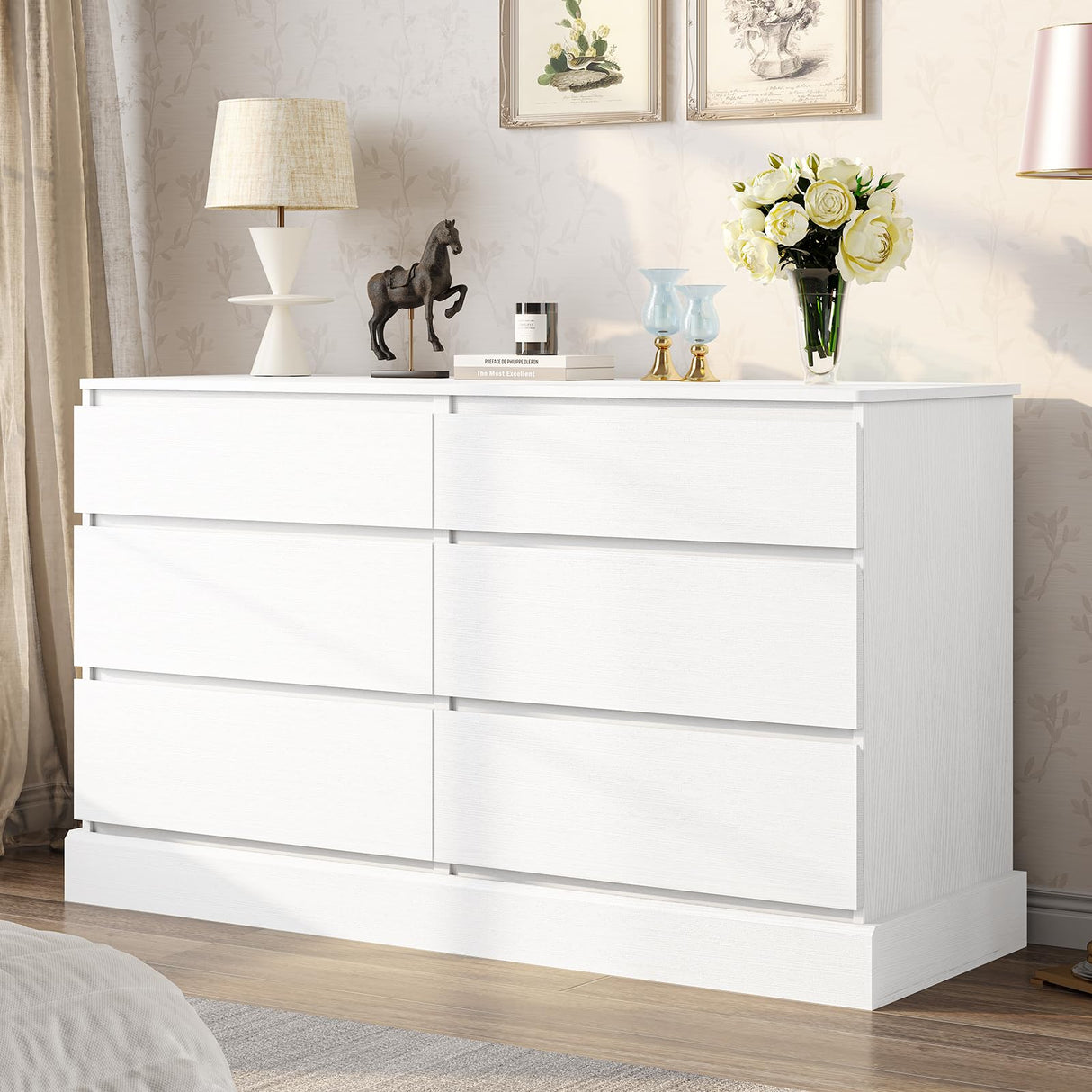 6 Drawers Dresser for Bedroom, White Modern Chest of Drawers