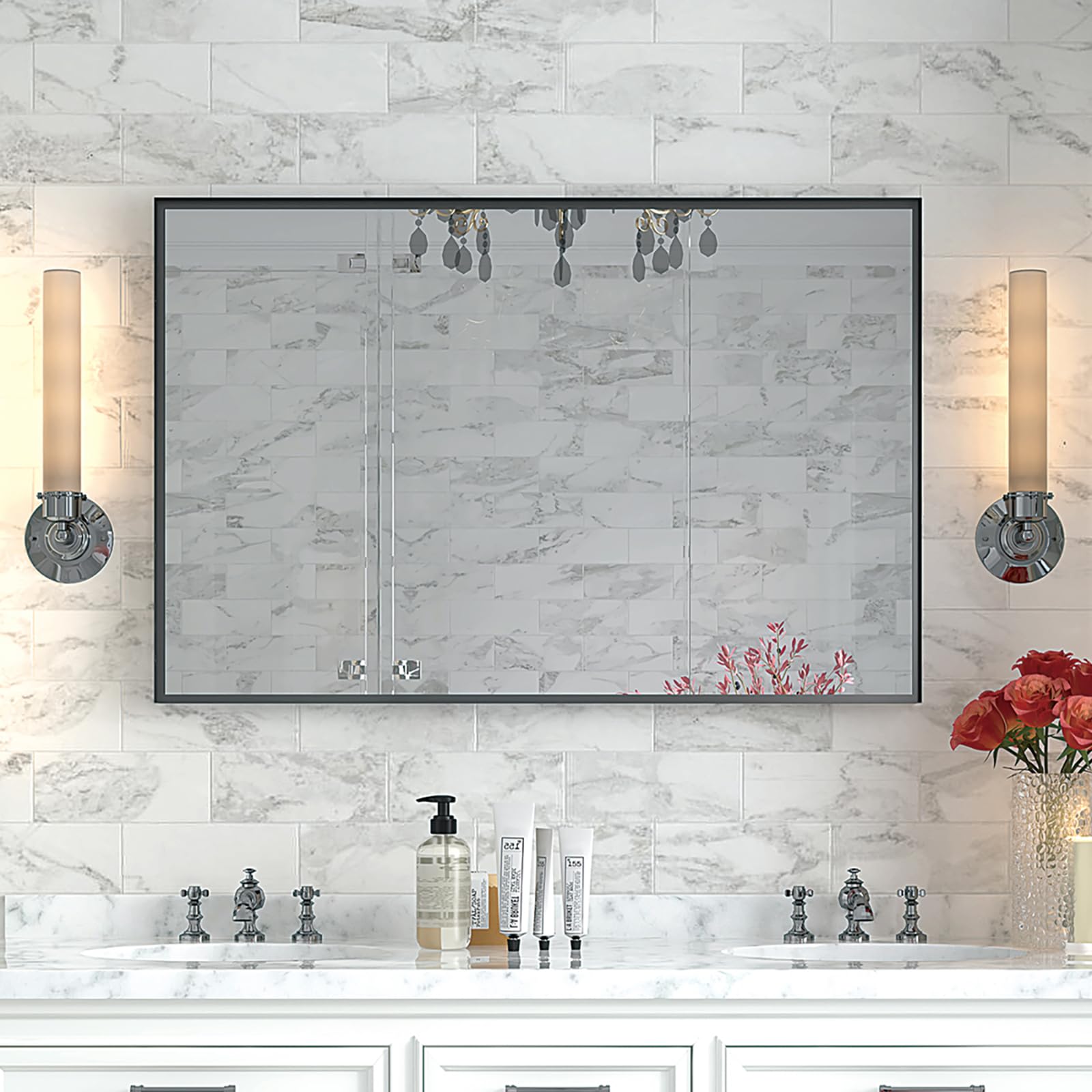 Bathroom Mirrors, Black Metal Framed Vanity Mirror for Over Sink Wall