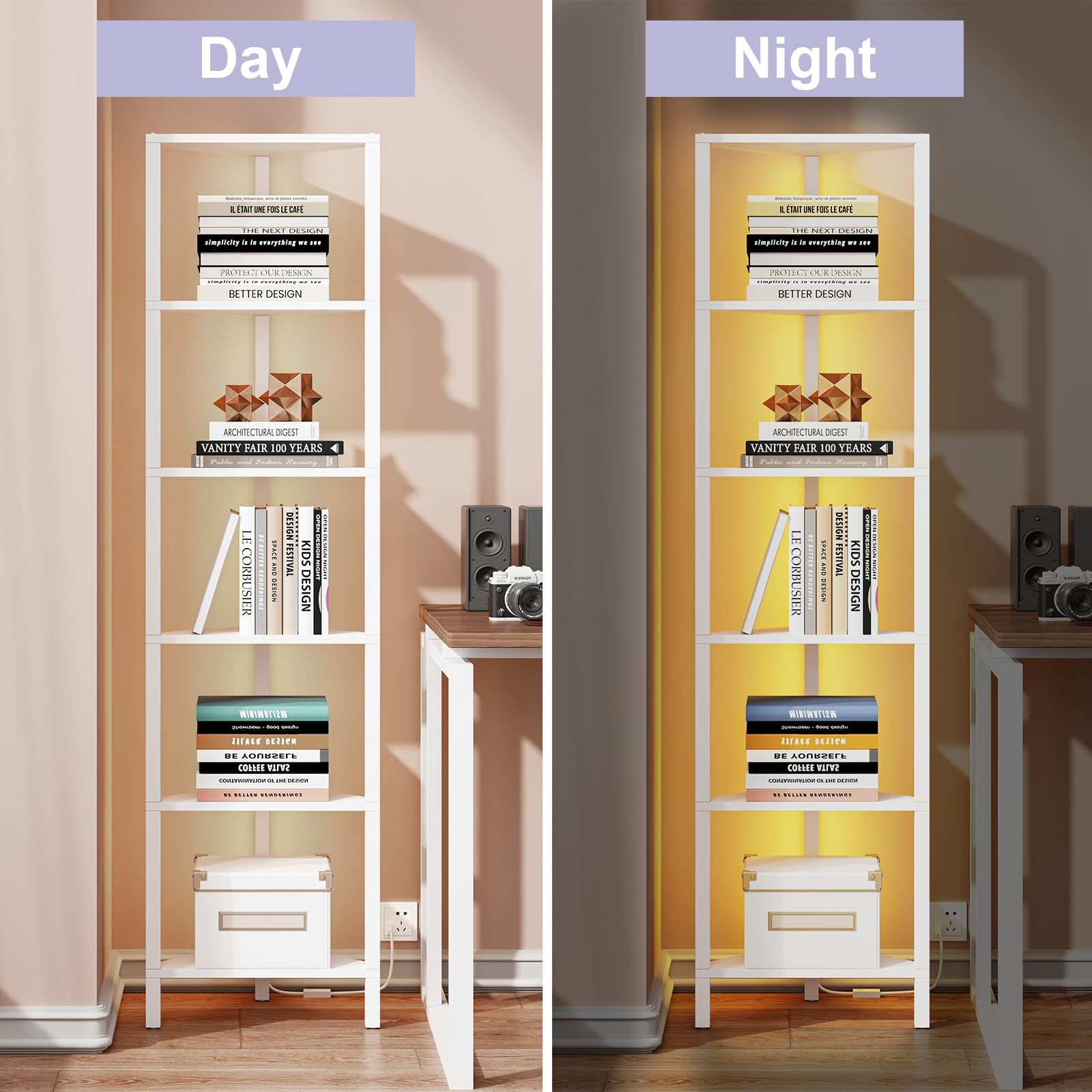 Corner Shelf with LED Light, 6-Tier Corner Bookshelf for Small Space, Narrow Display C