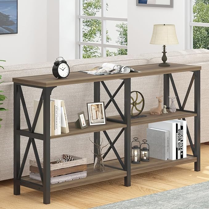 Black Console Table, Modern Entryway Table with 3 Tier Storage Shelves, Industrial Sofa Table Behind Couch for Living Room,