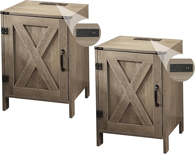 Farmhouse Nightstands Set of 2 with Charging Station, Wood Night Stands Bedside