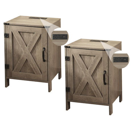 Farmhouse Nightstands Set of 2 with Charging Station, Wood Night Stands Bedside Table