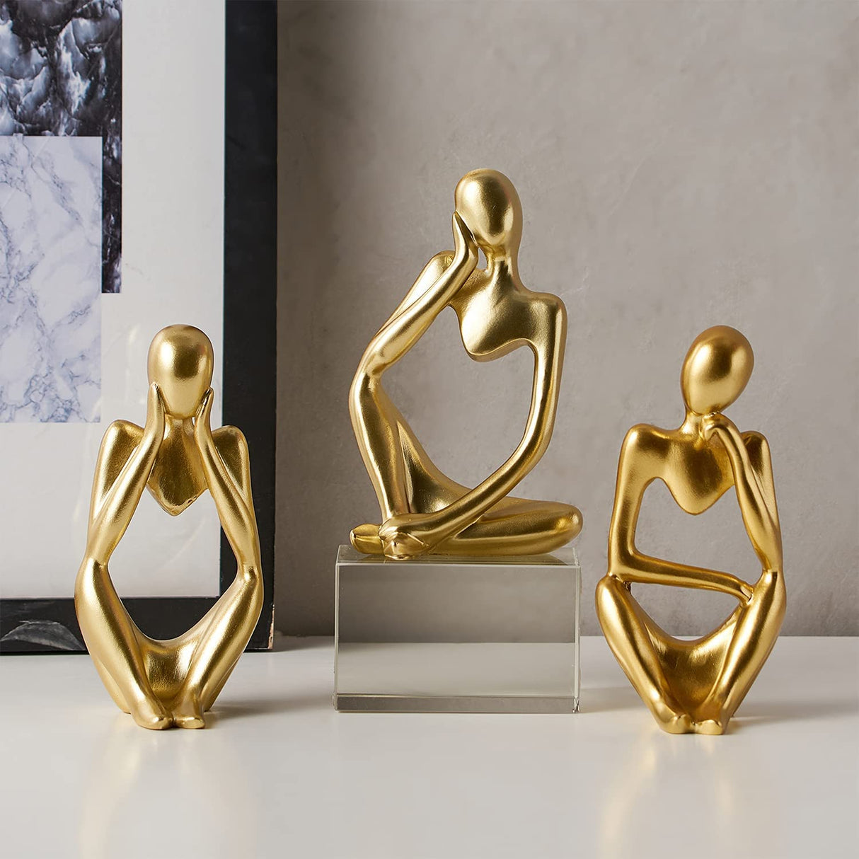 Gold Thinker Statues for Table Decor Abstract Art Sculpture Set of 3 Gold Figurines House