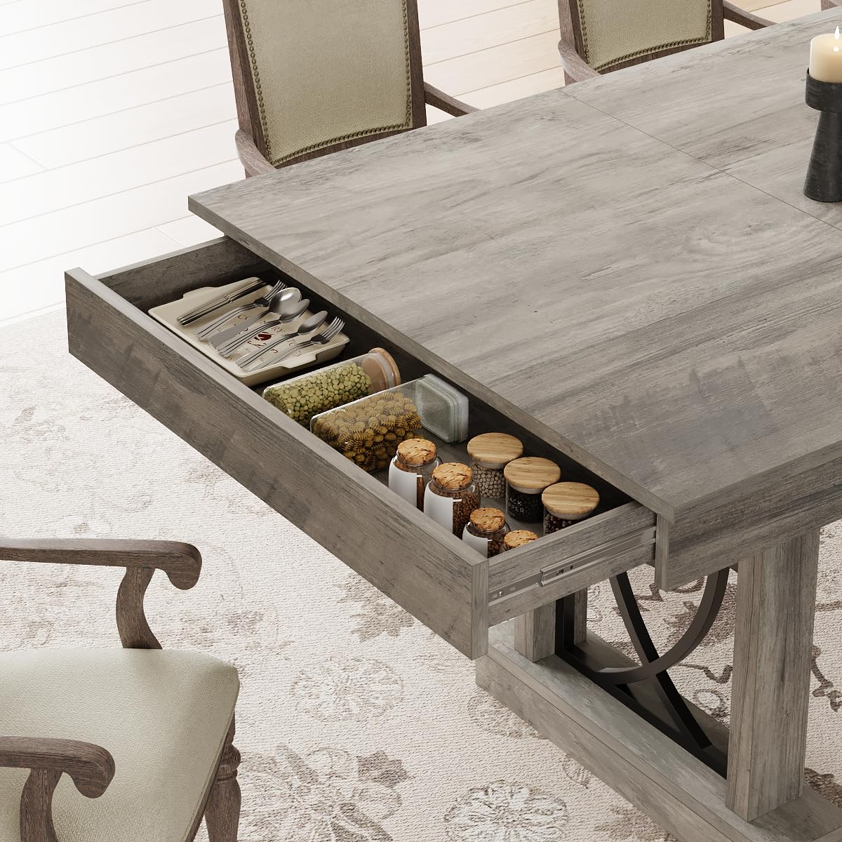 71-Inch Wooden Dining Table with Two Drawers for 6-8 People