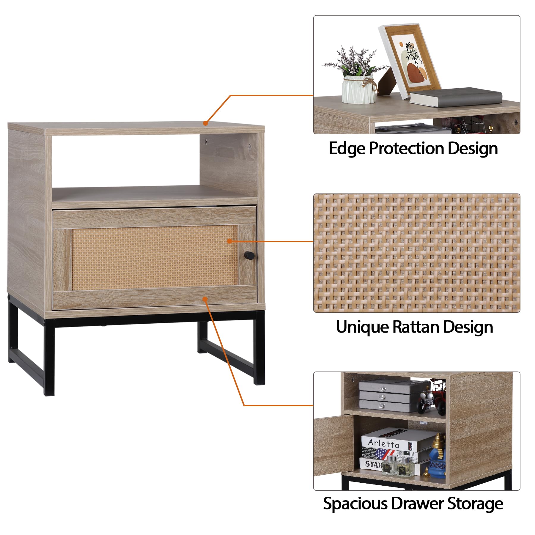 Nightstand Set of 2 Rattan End Table Small Bedside Table Accent Sofa Table Mid