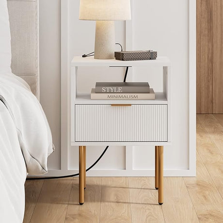 Charging Station,Mid-Century Modern Bedside Table with Storage Drawer and Open