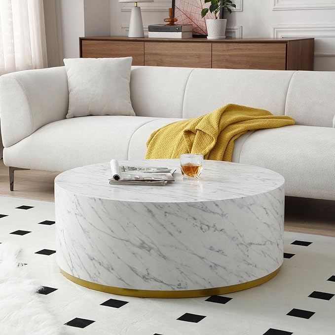 Round Side Table Faux Marble Circle Small Cofffee Table