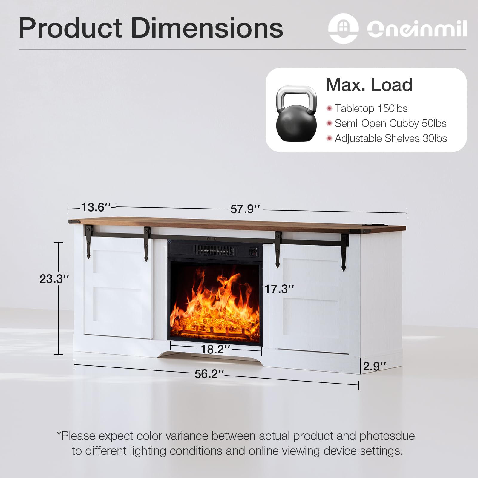 Fireplace TV Stand with 18” Electric Fireplace, 58” TV Console Stand