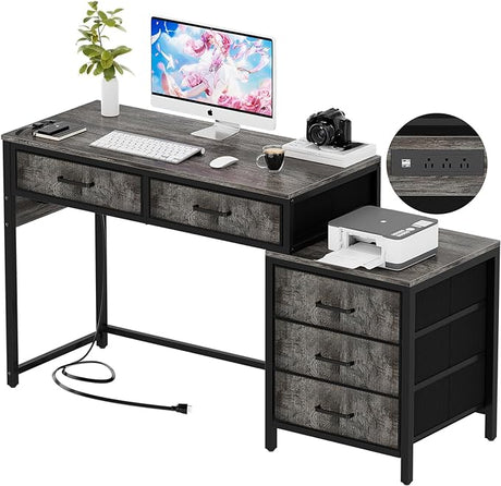 Unikito Reversible Computer Desk with 5 Drawers, Sturdy Office Desk with Power Outlets and USB Ports, Corner Writing Table with File Cabinet & Printer Stand, Vanity Desk with Storage, Black