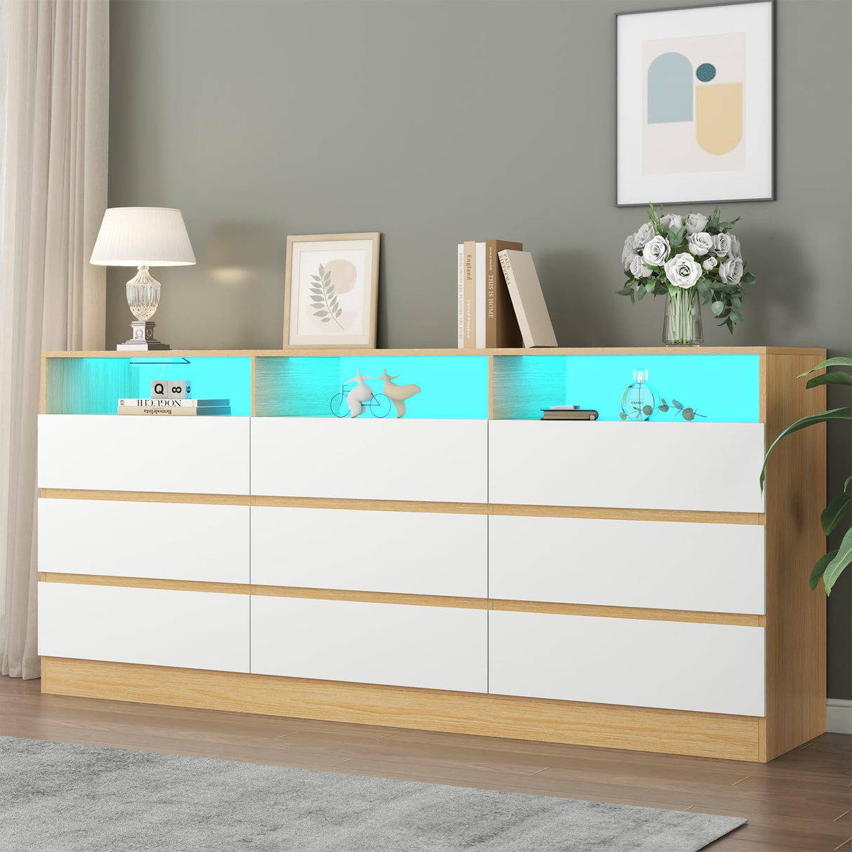 9 Drawer Dresser with Power Outlet and LED Light, Modern Storage Dresser