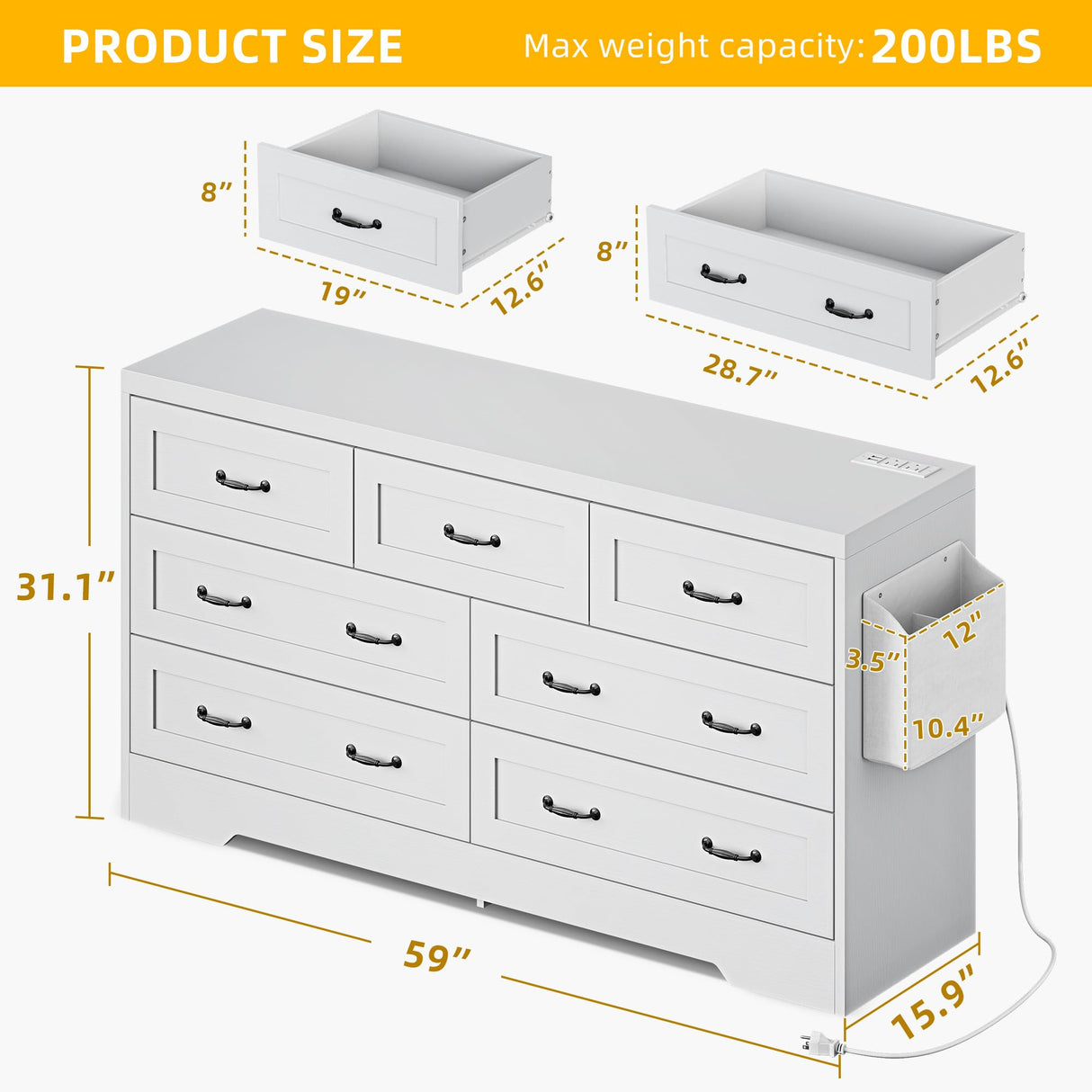 7 Drawers TV Stand for 65 inches with Power Outlets -Chest of Drawers Dresser