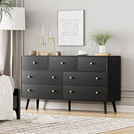 7 Drawers Dresser for Bedroom, 55'' Dressers & Chests of Drawers with Gold Handles and 7 Large Drawer, Modern Double Wooden Storage Organizer Cabinet, Hallway, Black