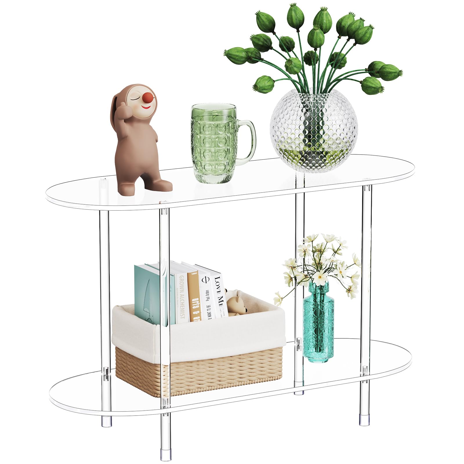 Clear Acrylic Console Table - 2 Tier Oval Storage Shelf