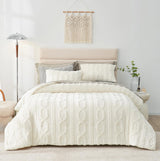 Fluffy Queen Size Comforter Set Cream, Jacquard Boho Texture Sherpa Bed Set