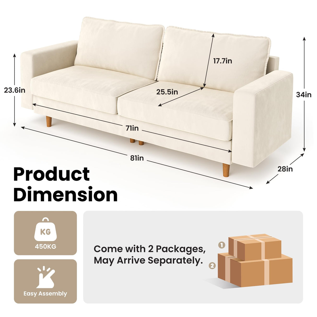 Pamapic 81” Loveseat Sofa,3 Seater Love Seat Couch,Comfy Dutch Velvet Cushion,Deep Loveseat,Removable Washable,Modern Love Seat Couch for Living Room,Bedroom, Apartment,Loft,Cream