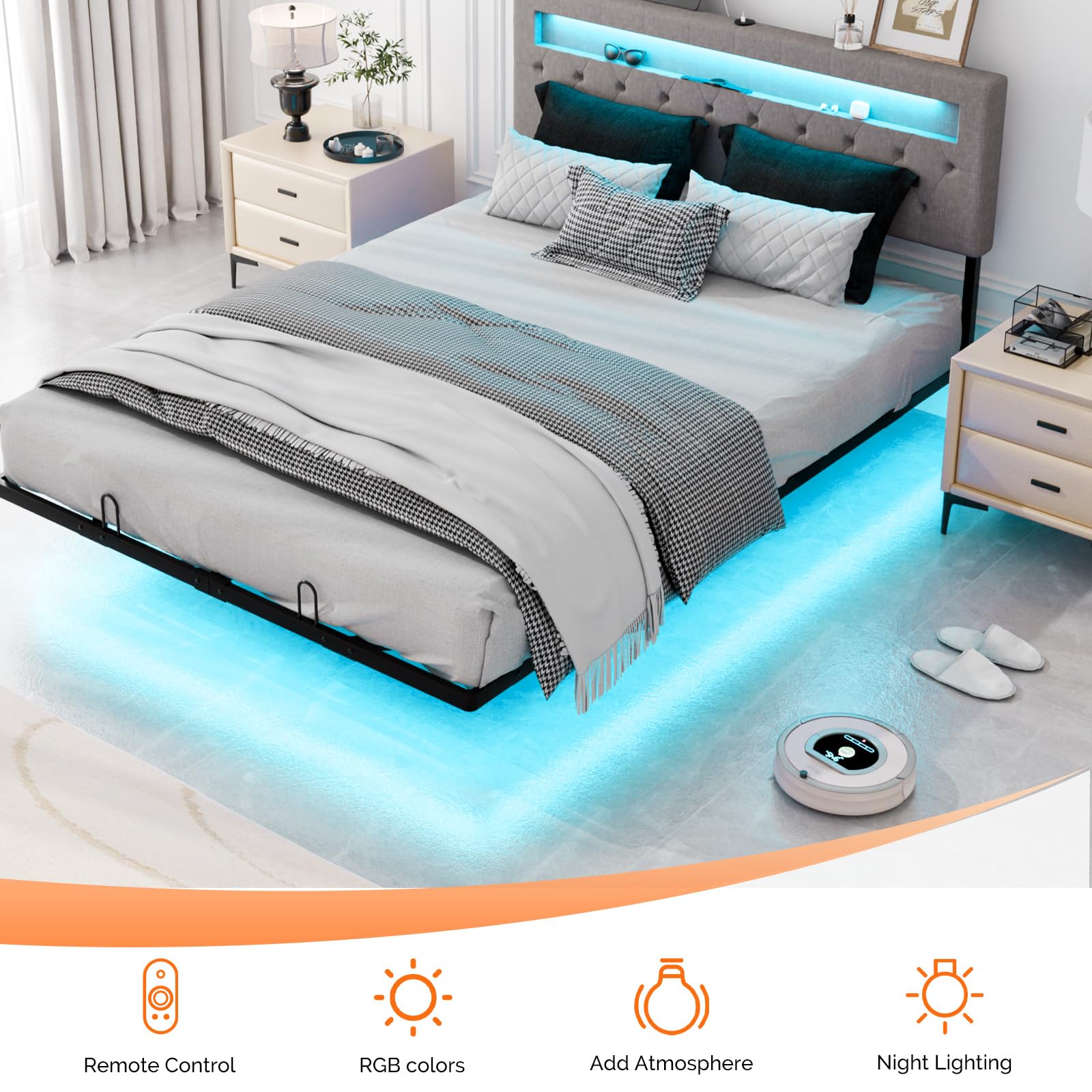 Queen Floating Bed Frame with Charging Station & RGB LED Lights