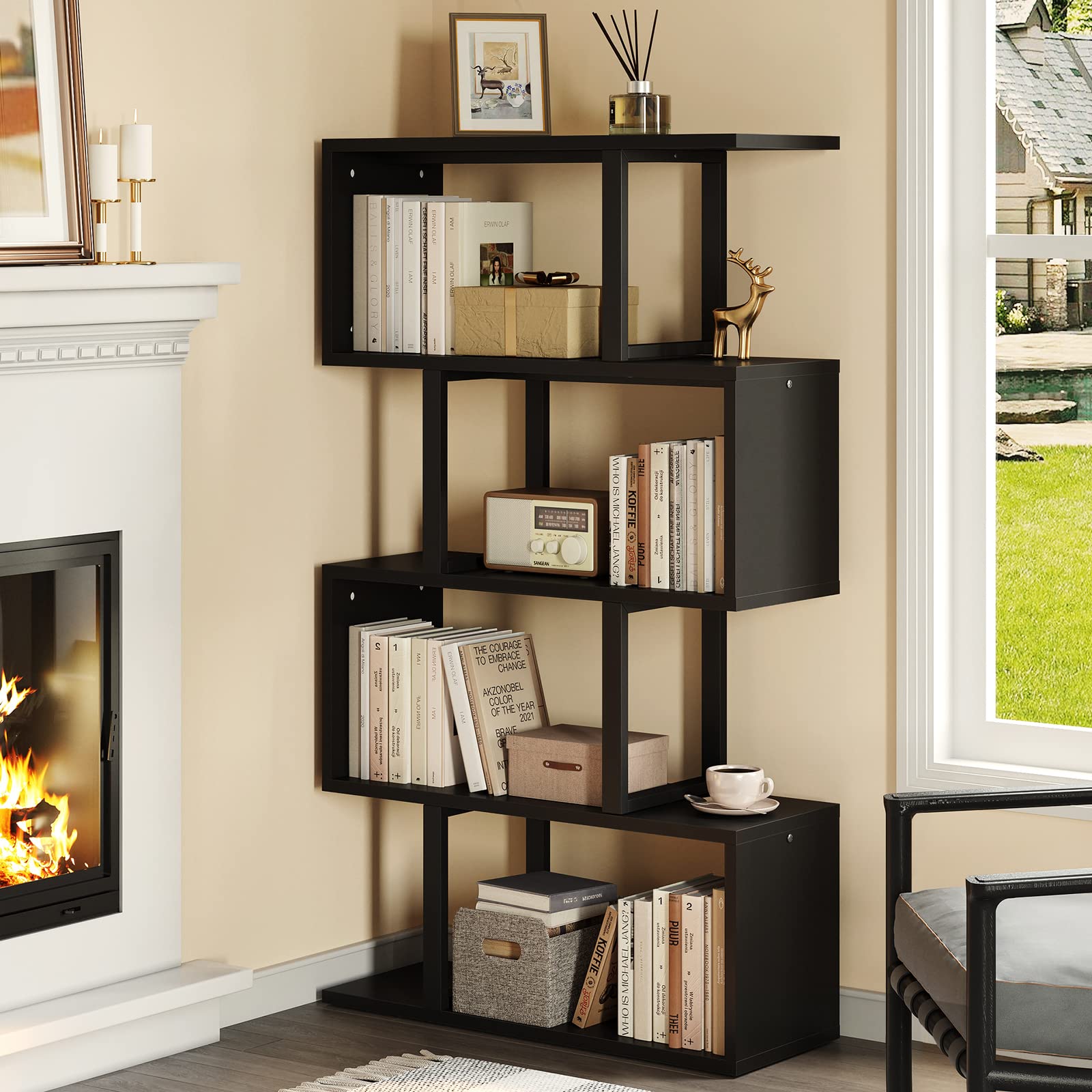5-Tier Bookshelf, S-Shaped Z-Shelf Bookshelves and Bookcase, Modern Freestanding Multifunctional Decorative Storage Shelving for Living Room Home Office, Black