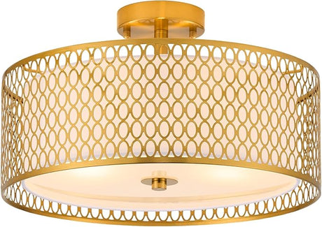 16" Semi Flush Mount Ceiling Light Fixture, 3-Light Golden Metal Mesh Drum Ceiling Light