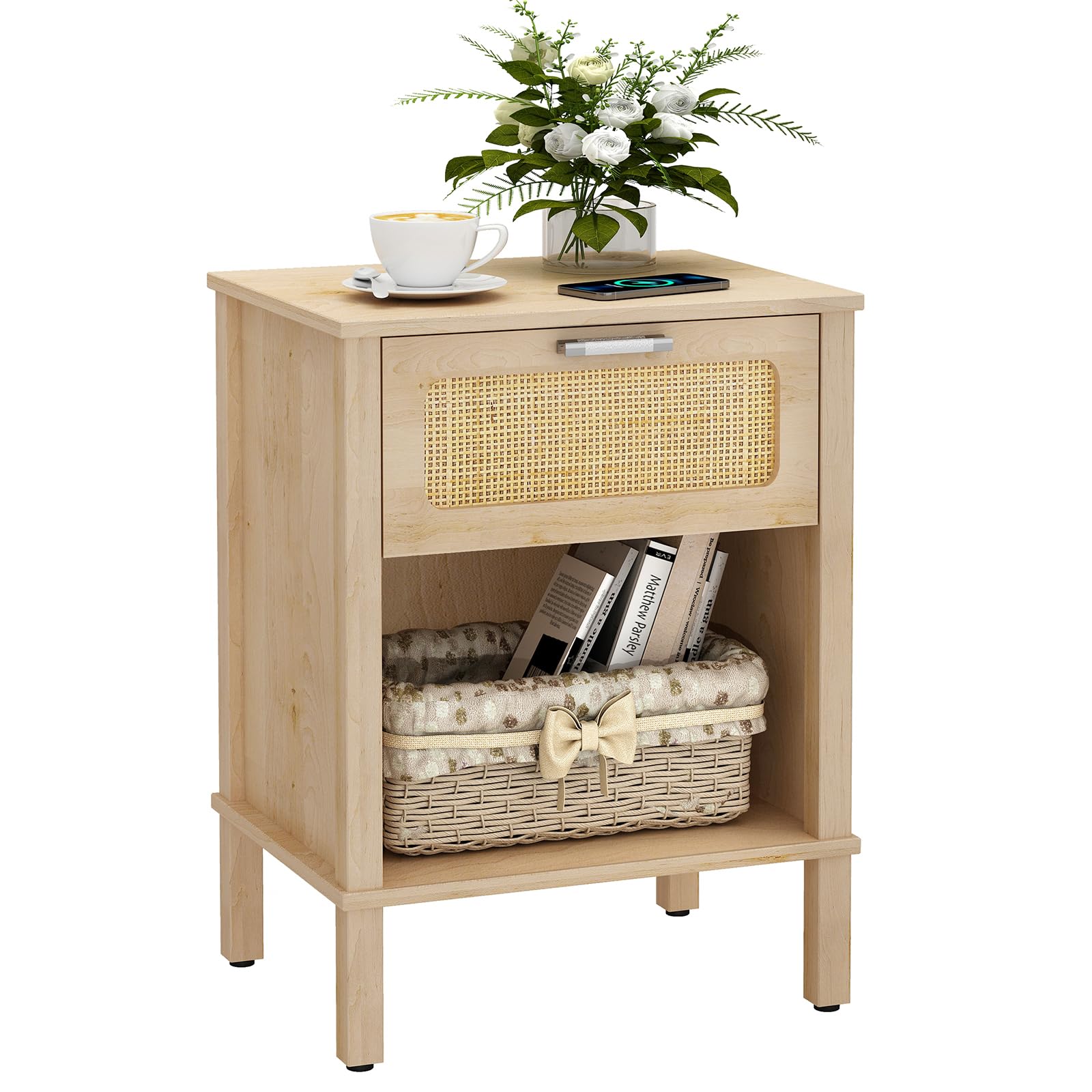 Small Rattan Nightstand, Boho Bedside Table,End Table with Drawer, Rattan Furniture