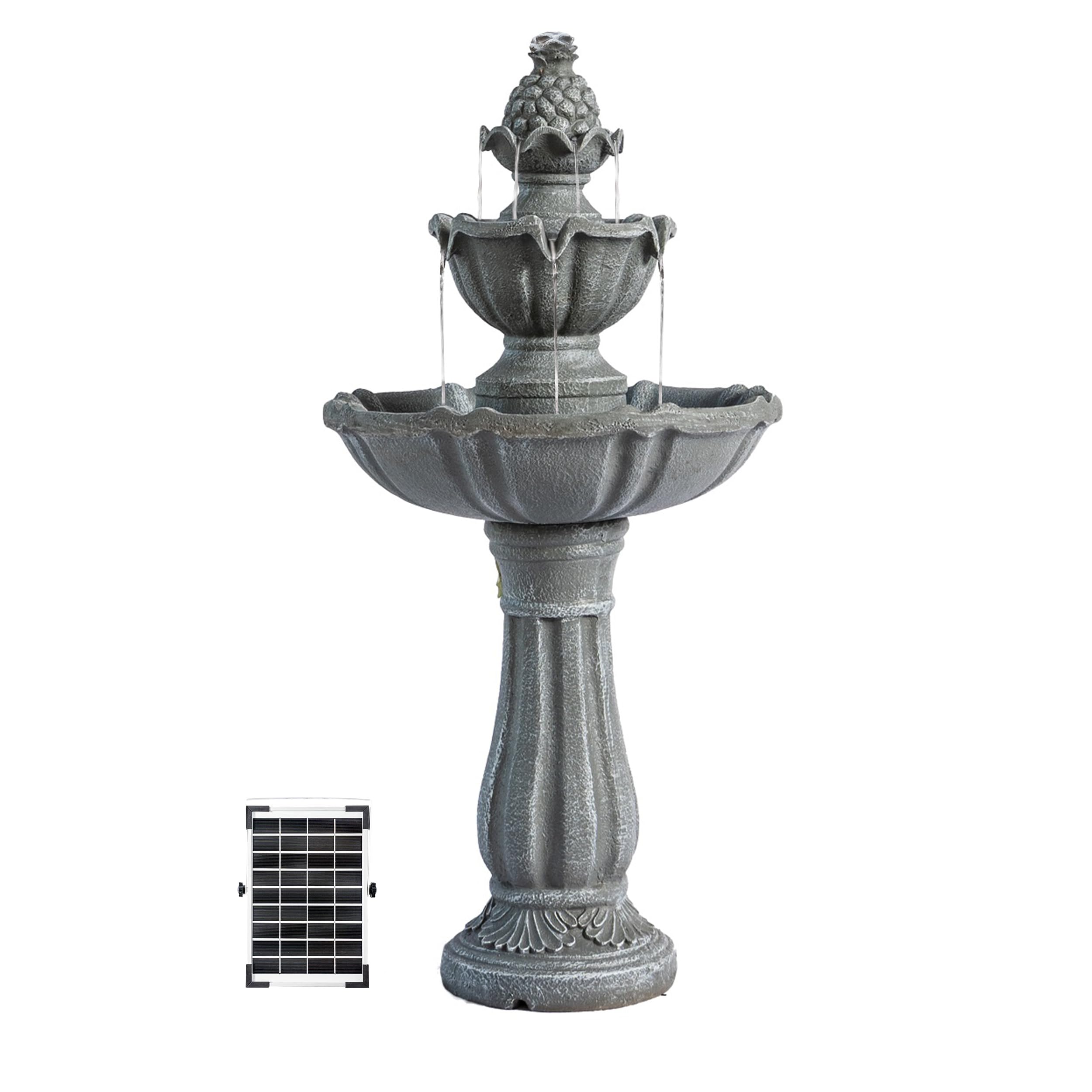 36.2" Solar Water Fountain, 2-Tier, Grey Resin, Outdoor