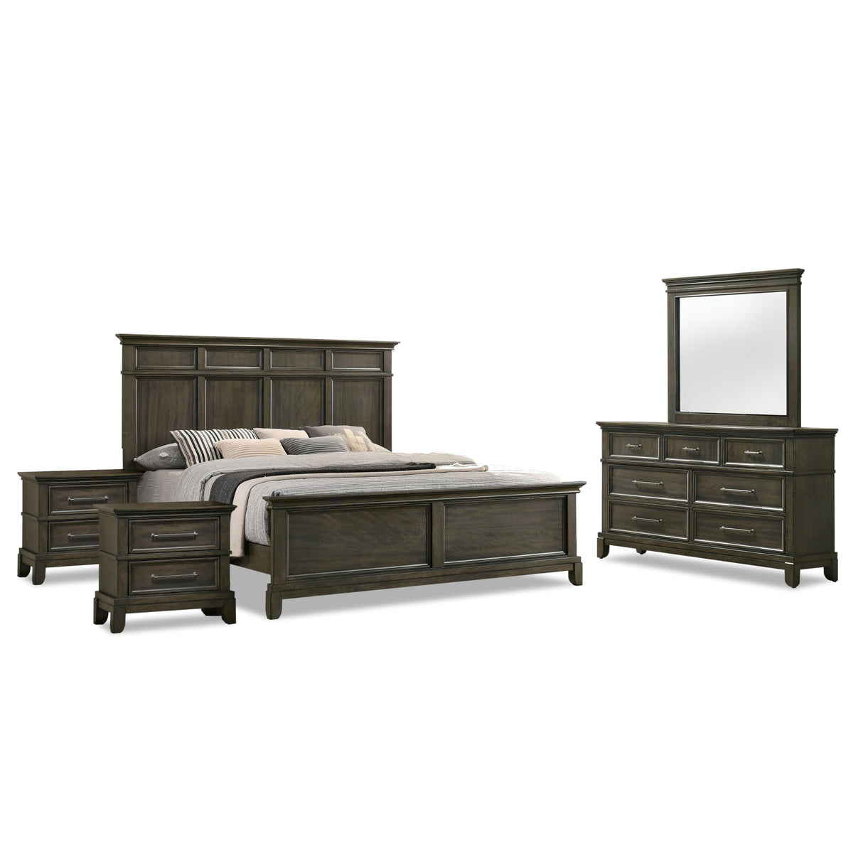 Furniture of America Runic Traditional Wood 5-Piece Bedroom Set with Crown Molding Details and Pewter Bar Pulls, Box Spring Required for Bedroom, King, Gray