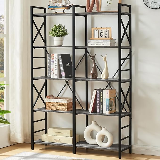 Book Shelf,Industrial Double Wide 5 Tier Bookshelf,Engineered Wood and Metal Bookcase