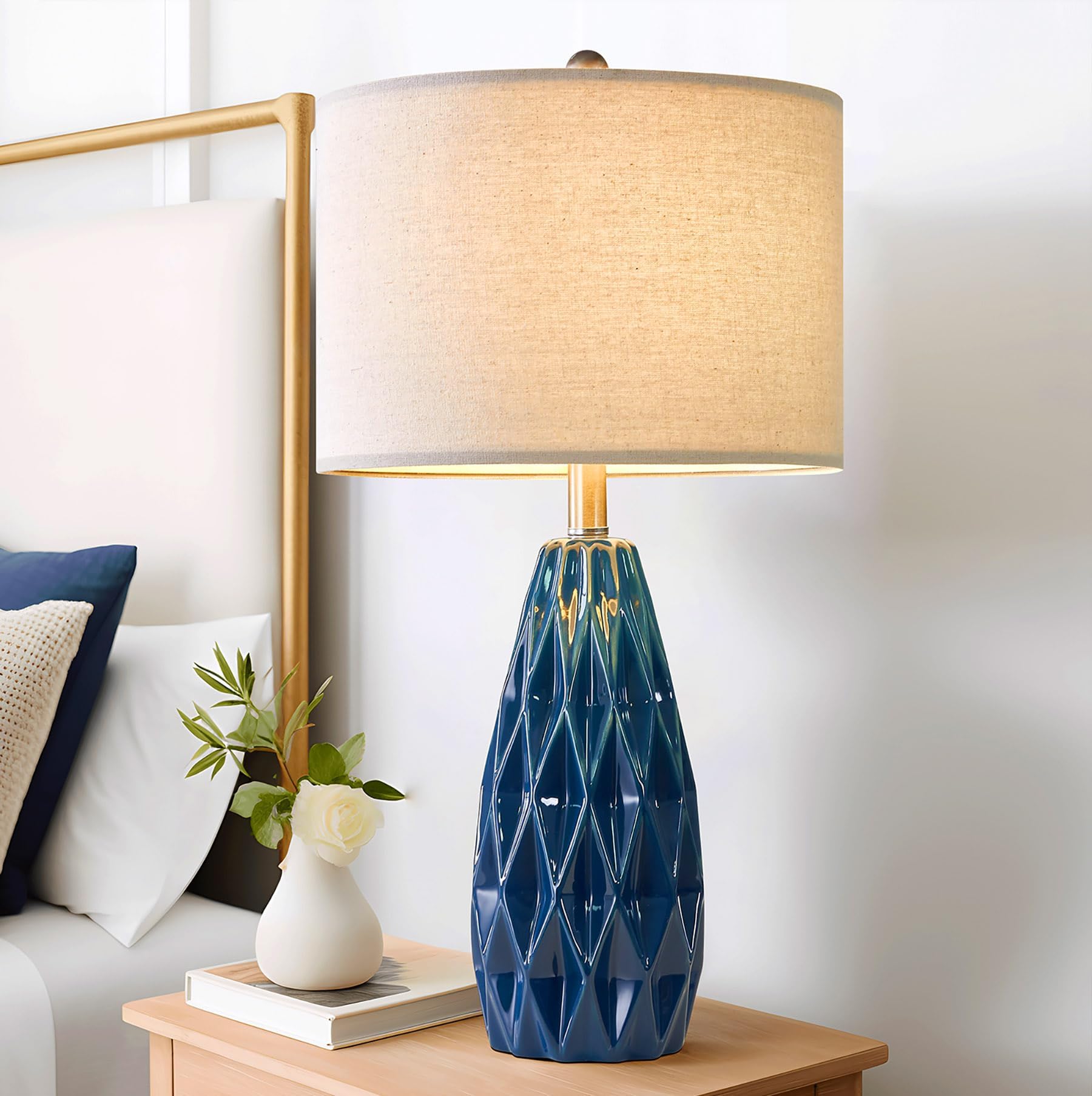23" Table lamp Set of 2 Modern Ceramic Small Blue Embossed Geometric Pattern Bedside