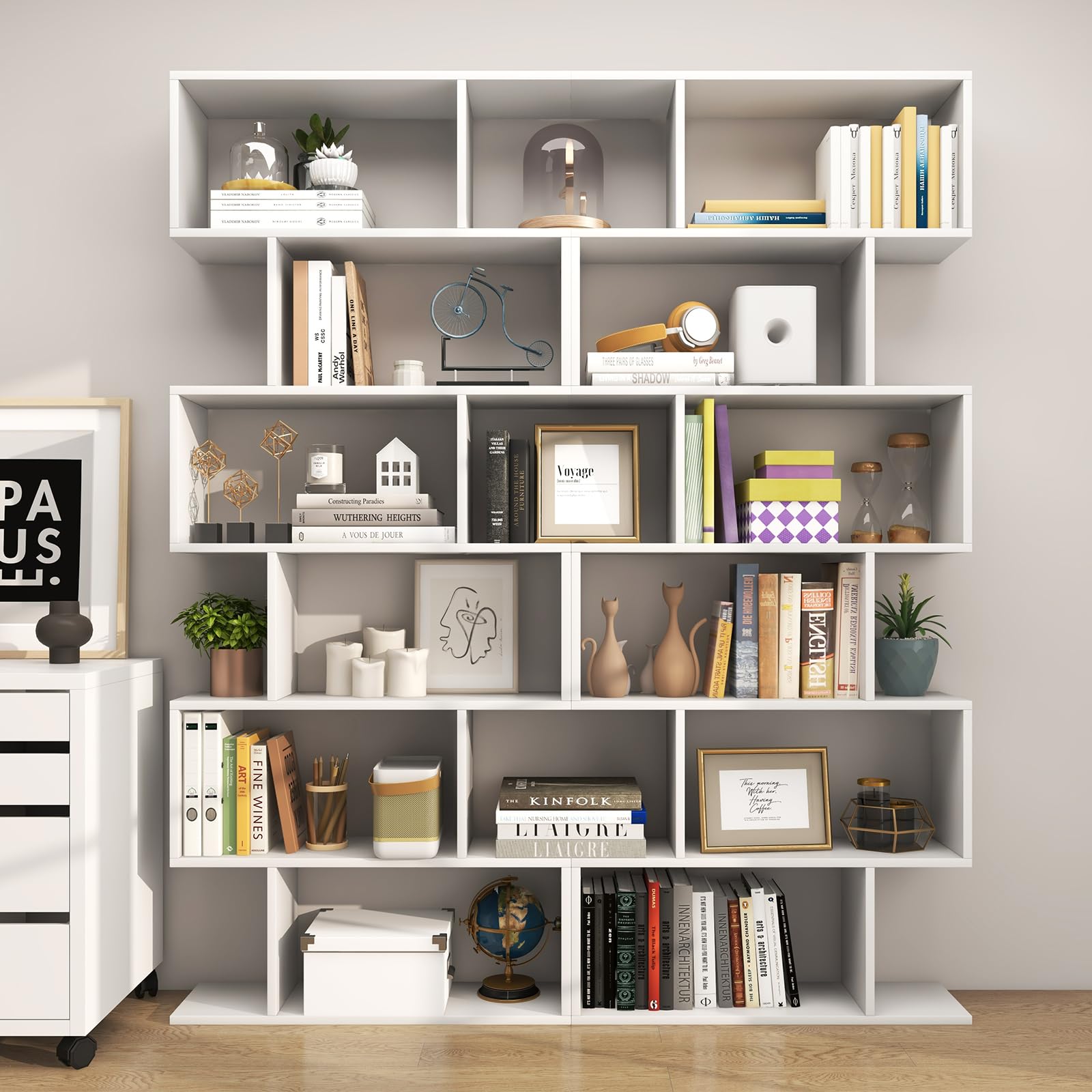 Tangkula 6-Tier Geometric Bookcase, Modern S-Shaped Storage Display Bookshelf for Living Room, Anti-Toppling Device, Home Office Wooden 6 Shelf Open Bookcase (1, White)