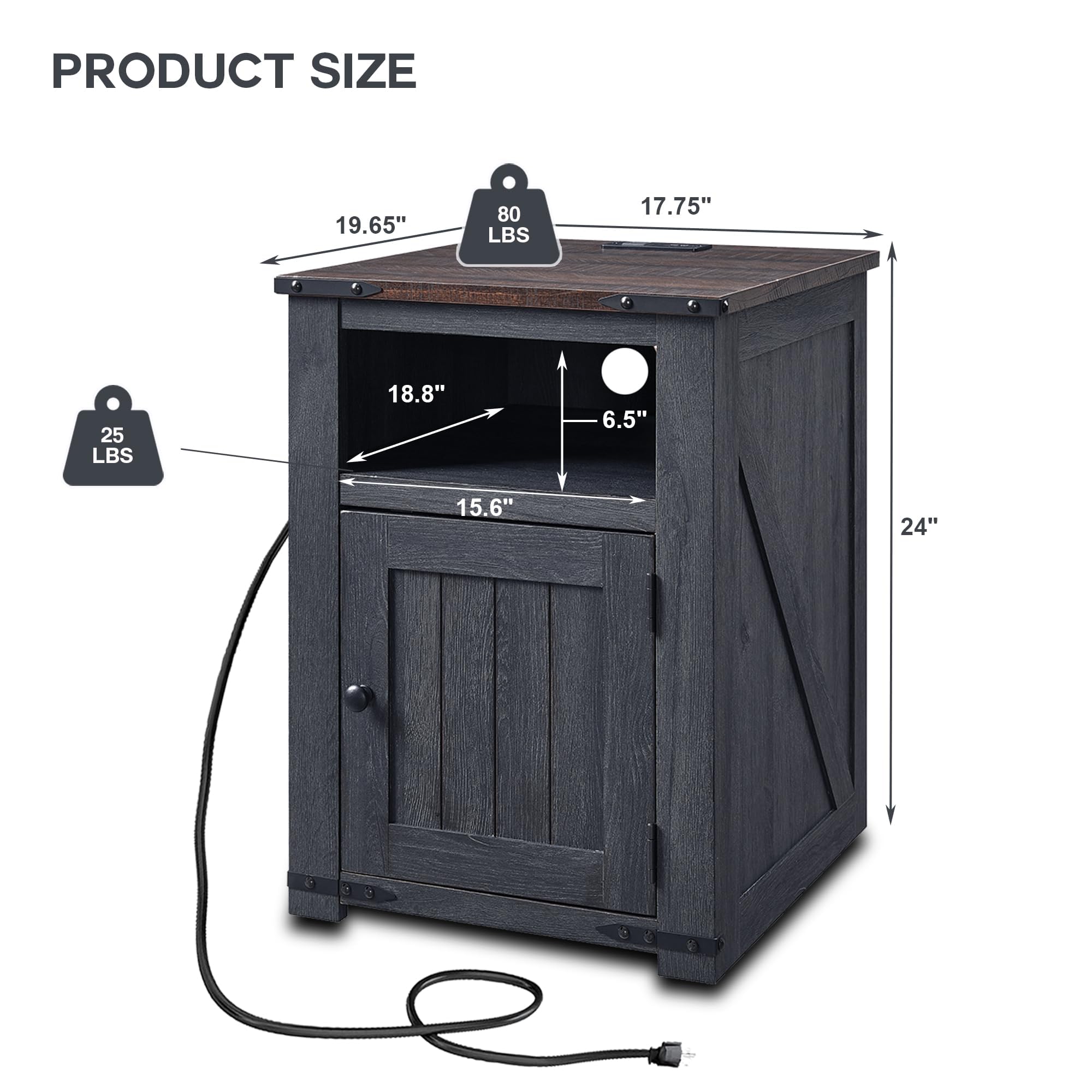 Farmhouse End Table with Charging Station, 20" Nightstand w/Groove Barn Door