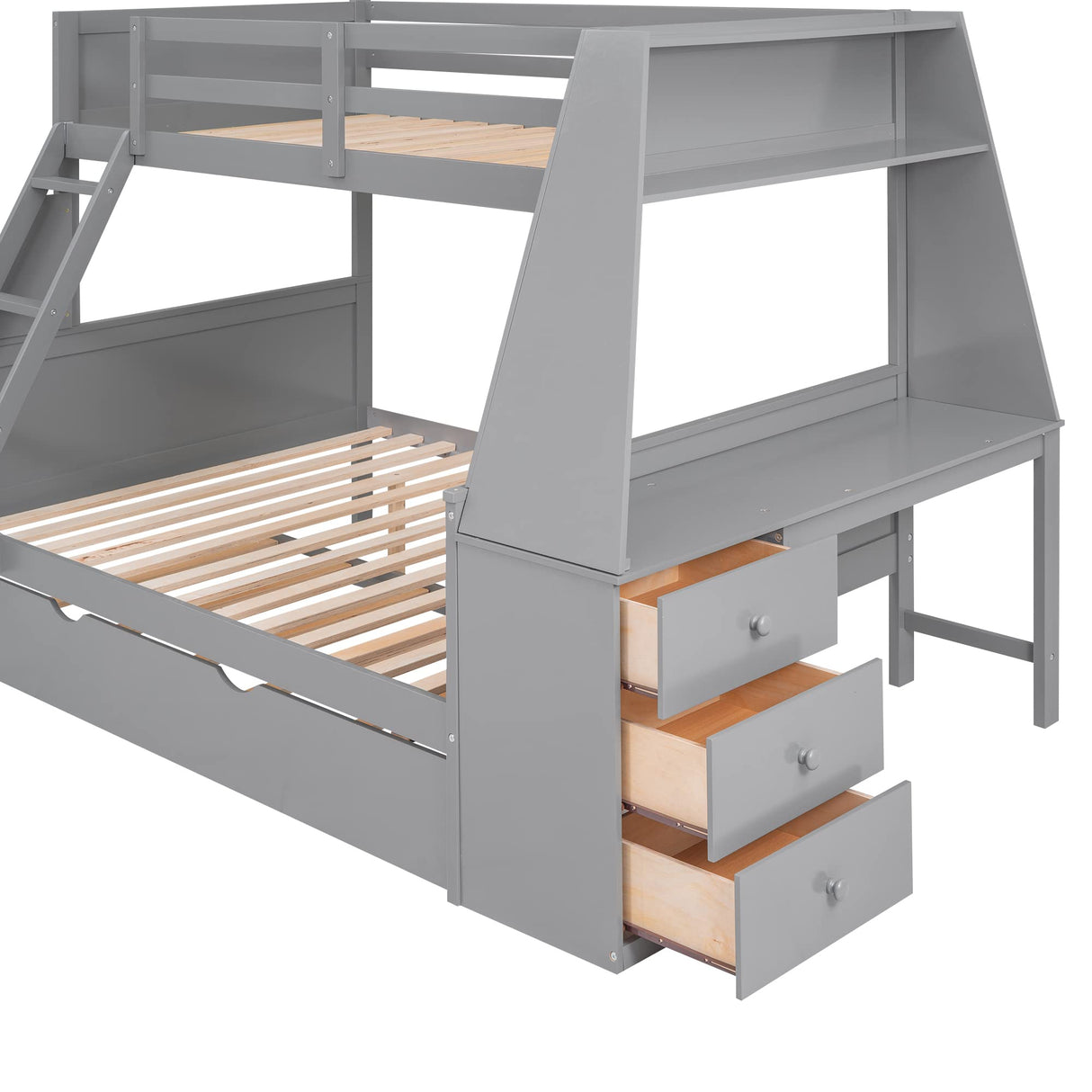 Twin Over Full Bunk Bed with Trundle and Built-in Desk, Solid Wood Bunk Bed Frame